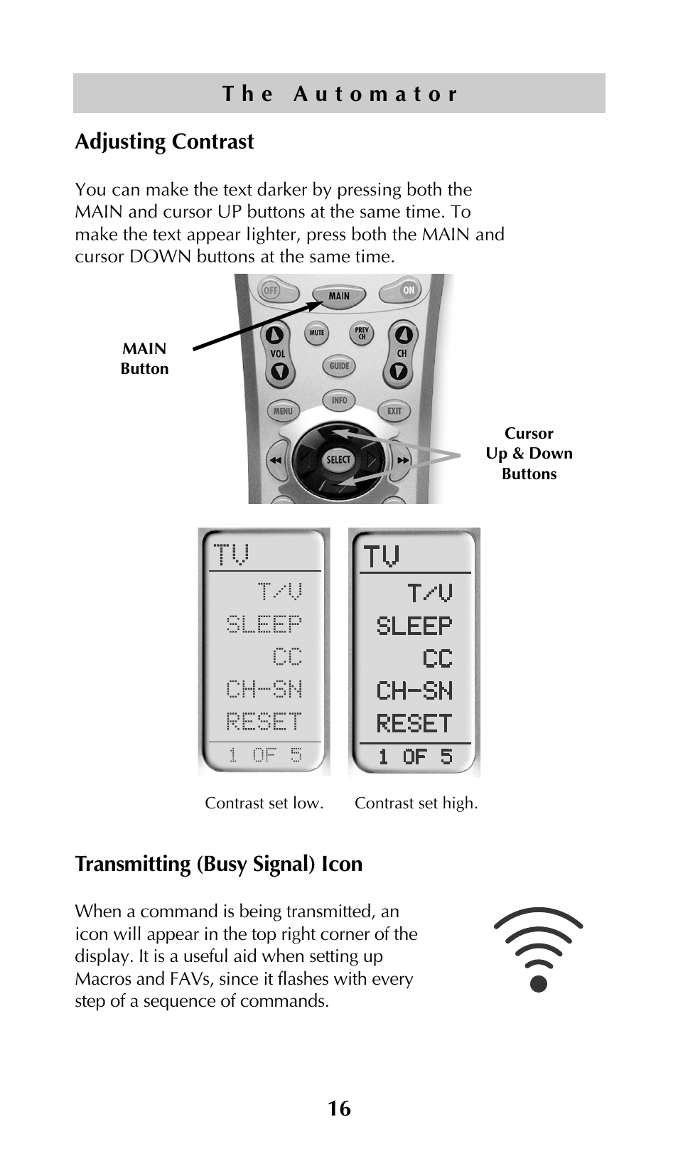 Adjusting contrast, Transmitting (busy signal) icon | Adcom URC-200 User Manual | Page 18 / 53