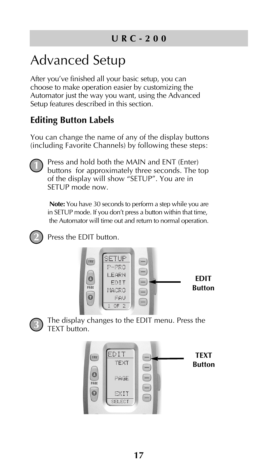 Editing button labels, Advanced setup | Adcom URC-200 User Manual | Page 19 / 53