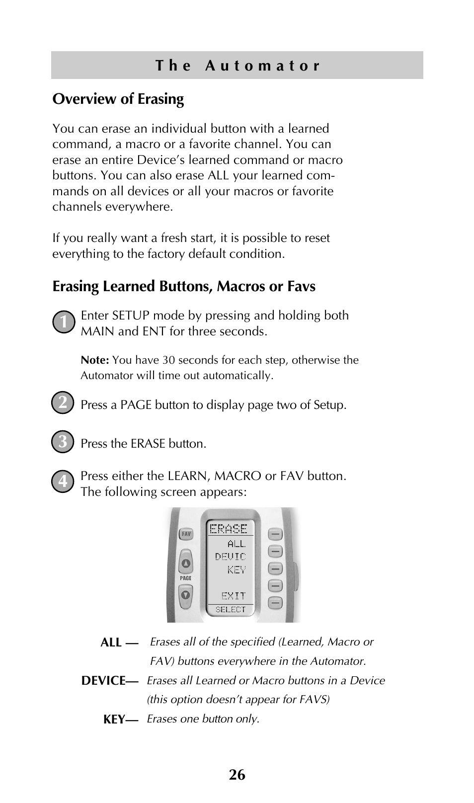 Erasing learned buttons, macros or favs, Overview of erasing | Adcom URC-200 User Manual | Page 28 / 53