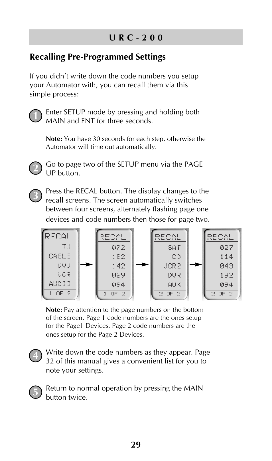 Recalling pre-programmed settings | Adcom URC-200 User Manual | Page 31 / 53