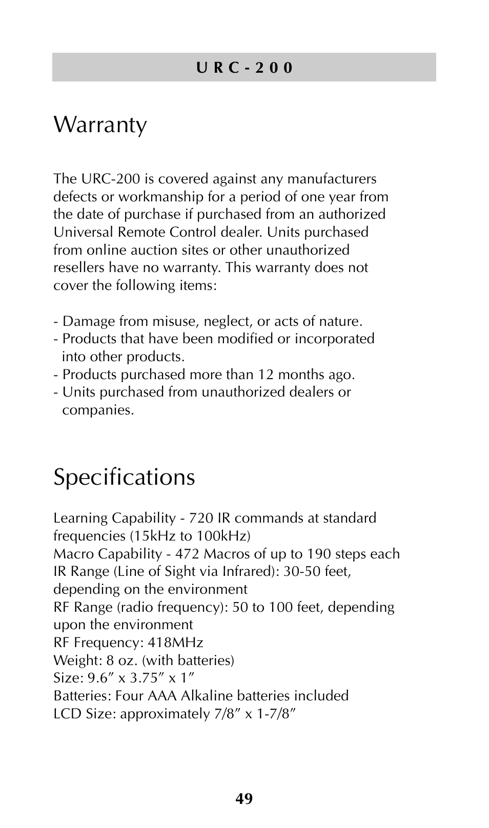 Specs, Warranty, Specifications | Adcom URC-200 User Manual | Page 51 / 53