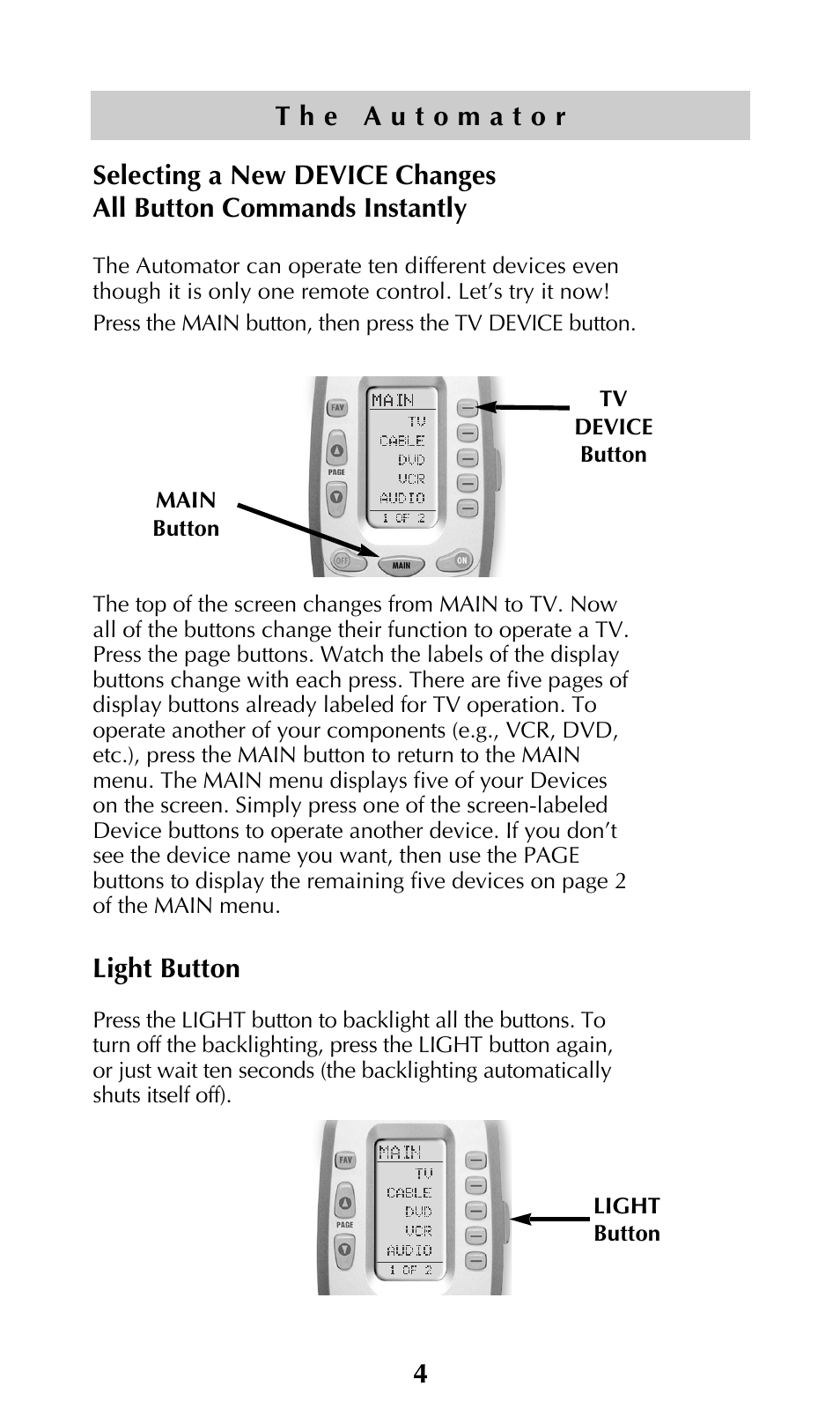 Basic operation, Light button | Adcom URC-200 User Manual | Page 6 / 53