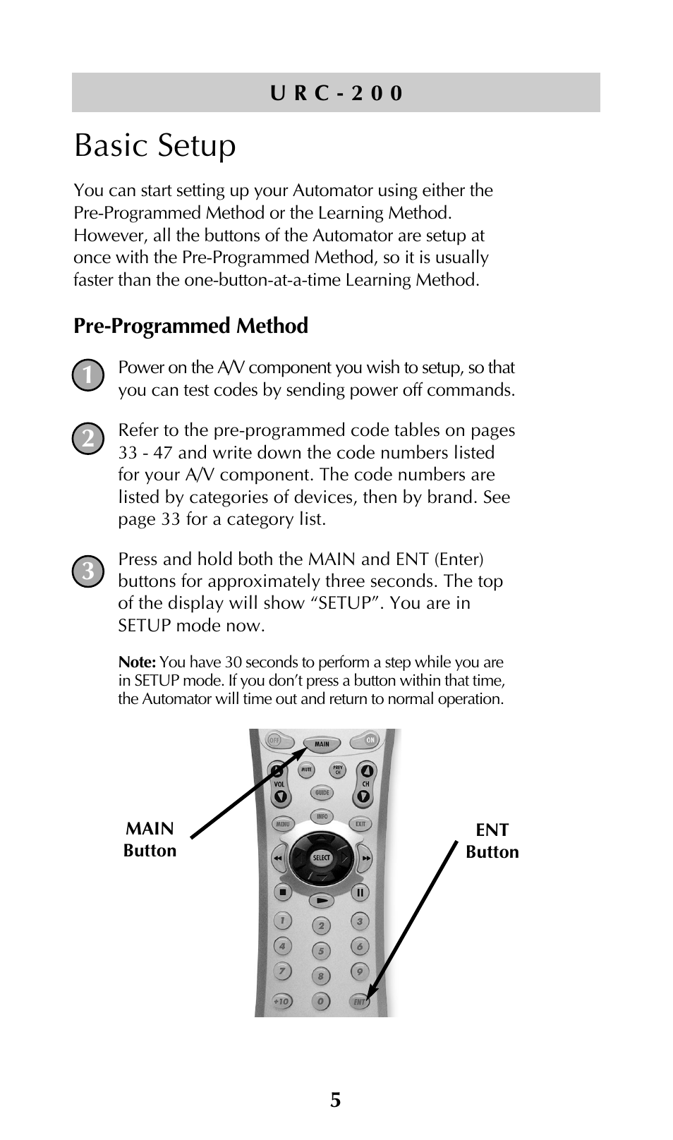 Basic setup, Pre-programmed method | Adcom URC-200 User Manual | Page 7 / 53