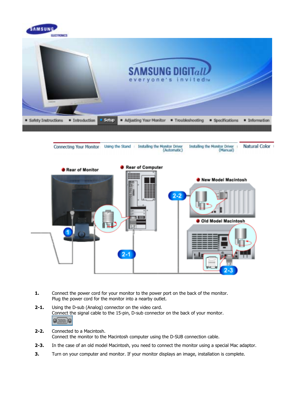 Setup, Connecting the monitor | Samsung GS17CSSS User Manual | Page 15 / 79