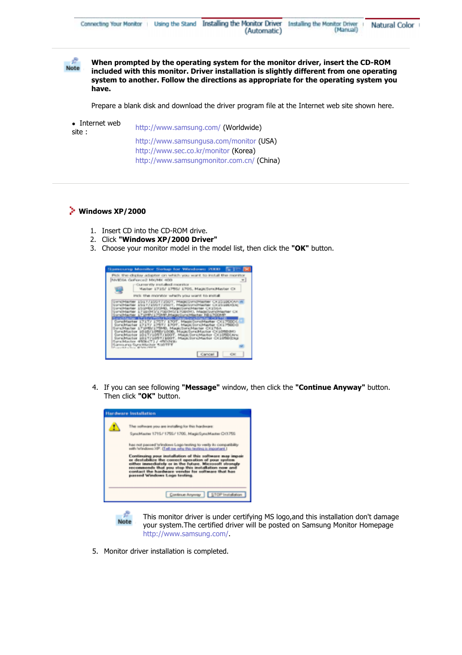 Installing the monitor driver(automatic) | Samsung GS17CSSS User Manual | Page 17 / 79