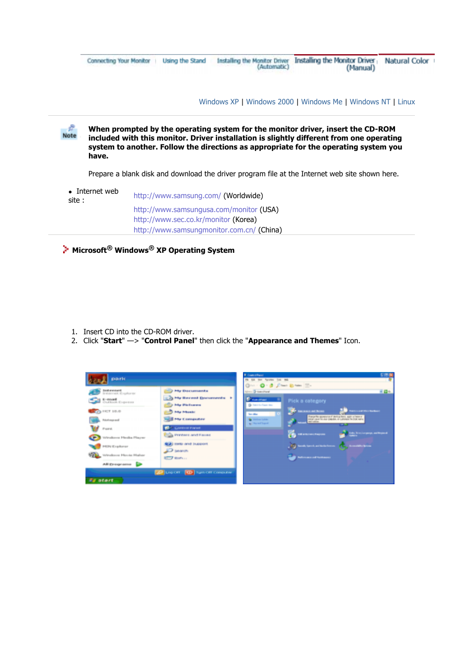 Installing the monitor driver(manual) | Samsung GS17CSSS User Manual | Page 18 / 79