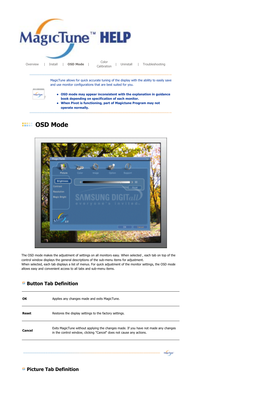 Osd mode, Button tab definition, Picture tab definition | Samsung GS17CSSS User Manual | Page 37 / 79