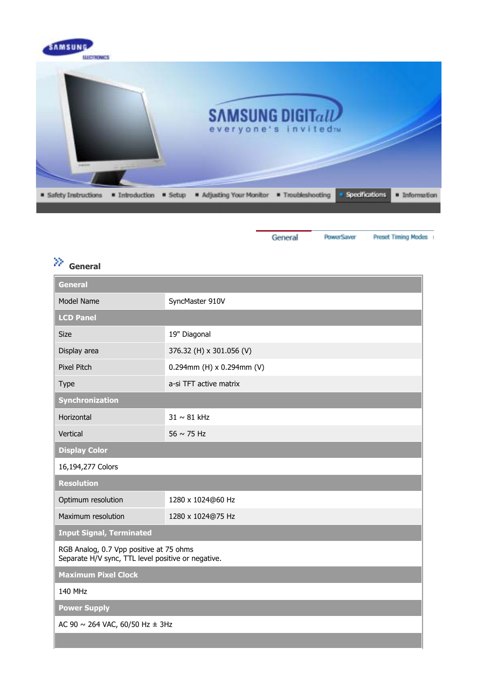 Syncmaster 910v, General | Samsung GS17CSSS User Manual | Page 53 / 79