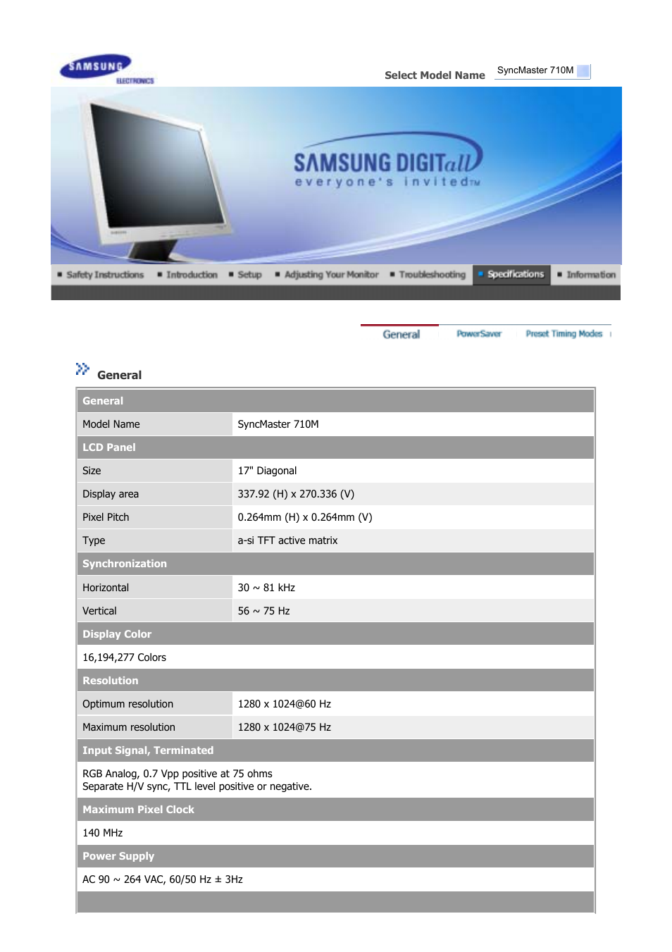Syncmaster 710m, General | Samsung GS17CSSS User Manual | Page 59 / 79