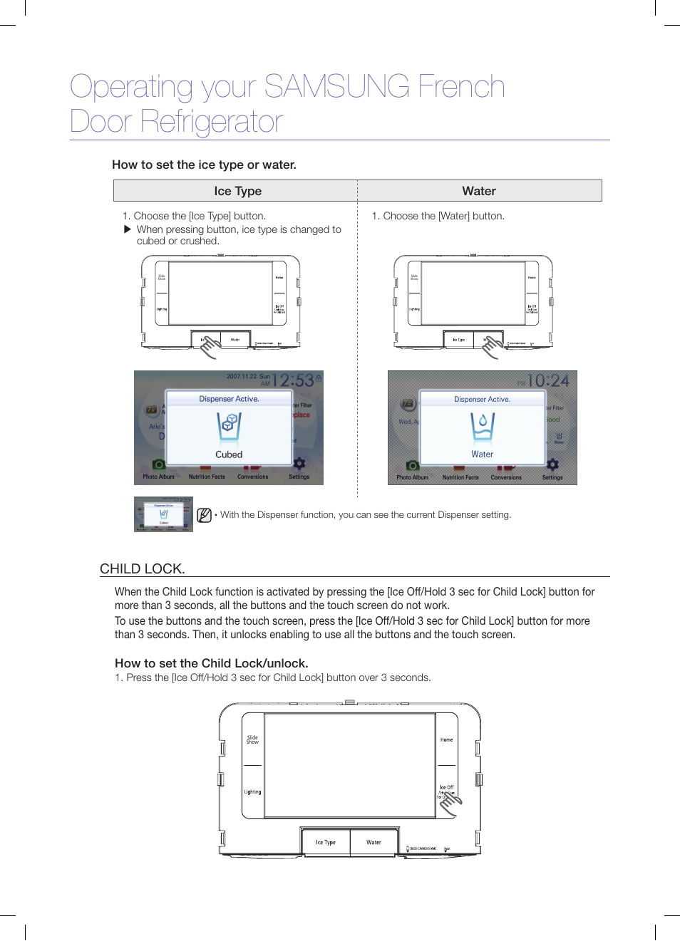 Operating your samsung french door refrigerator, Child lock | Samsung RFG299AARS-XAA User Manual | Page 10 / 25