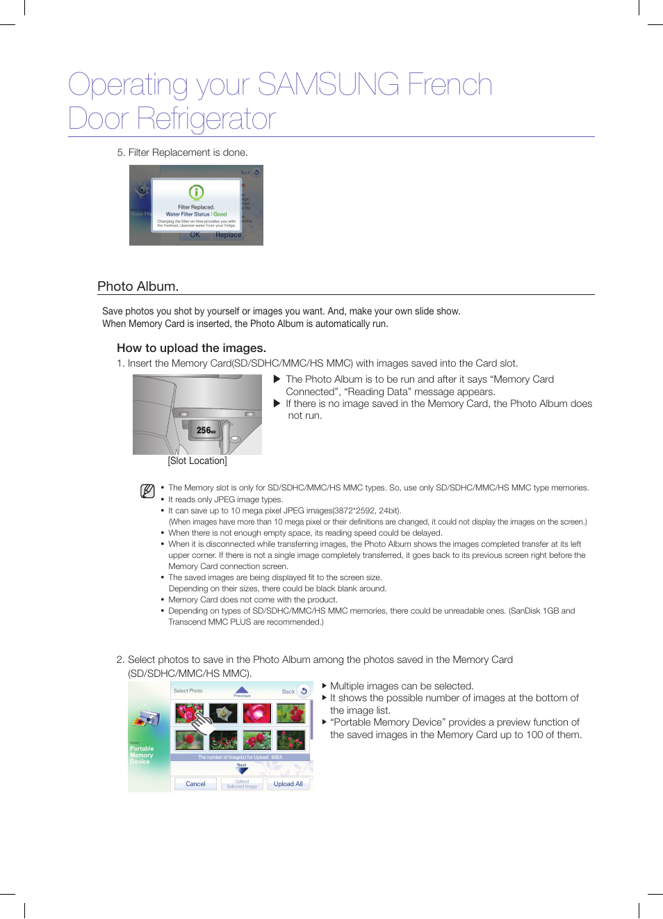 Operating your samsung french door refrigerator, Photo album, How to upload the images | Samsung RFG299AARS-XAA User Manual | Page 16 / 25