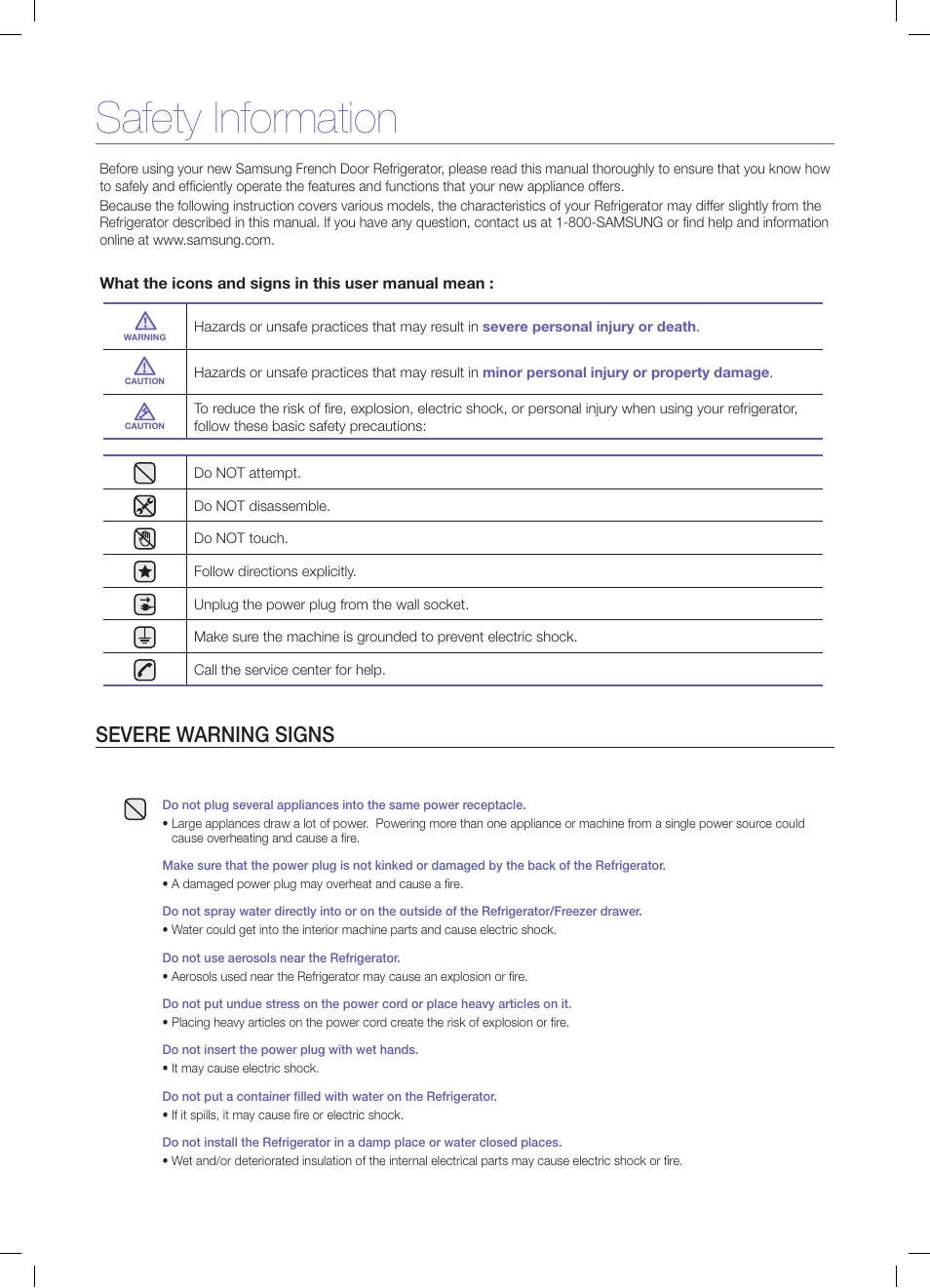 Safety information, Severe warning signs | Samsung RFG299AARS-XAA User Manual | Page 2 / 25