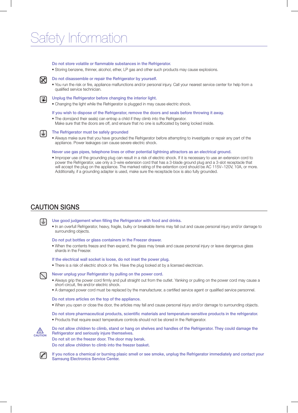 Safety information, Caution signs | Samsung RFG299AARS-XAA User Manual | Page 3 / 25