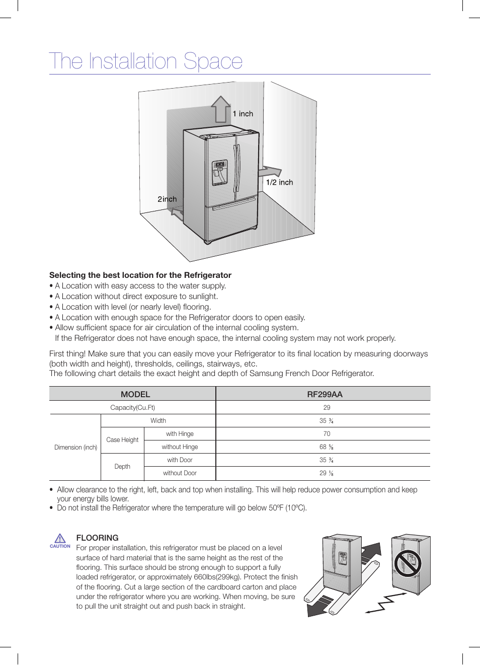 The installation space | Samsung RFG299AARS-XAA User Manual | Page 5 / 25