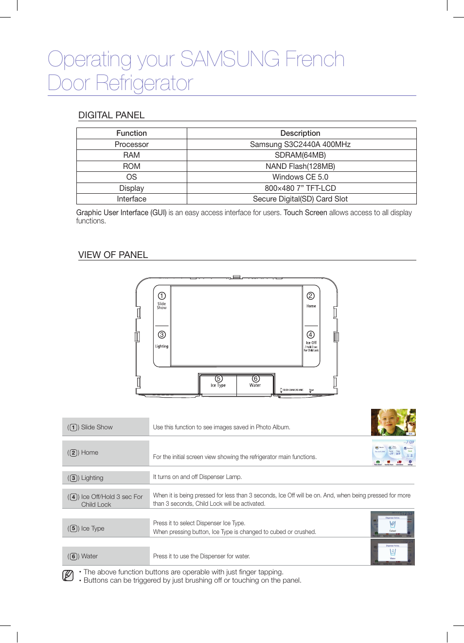 Operating your samsung french door refrigerator, Digital panel, View of panel | Samsung RFG299AARS-XAA User Manual | Page 6 / 25