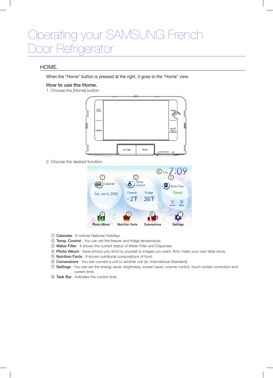 Operating your samsung french door refrigerator, Home | Samsung RFG299AARS-XAA User Manual | Page 8 / 25