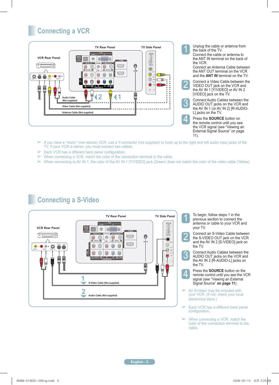 Connecting a vcr, Connecting a s-video | Samsung PN58A550S1FXZA User Manual | Page 5 / 12