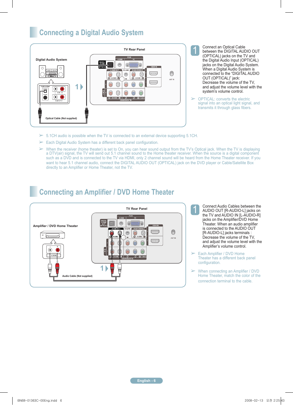 Connecting an amplifier / dvd home theater, Connecting a digital audio system | Samsung PN58A550S1FXZA User Manual | Page 6 / 12