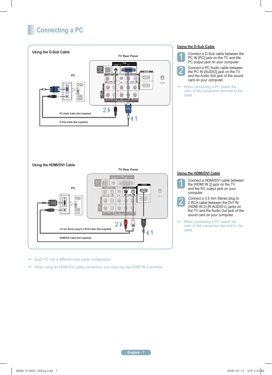 Connecting a pc | Samsung PN58A550S1FXZA User Manual | Page 7 / 12