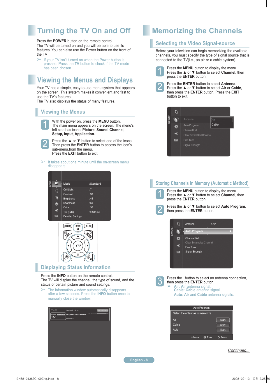 Turning the tv on and off, Viewing the menus and displays, Viewing the menus | Displaying status information, Selecting the video signal-source | Samsung PN58A550S1FXZA User Manual | Page 8 / 12