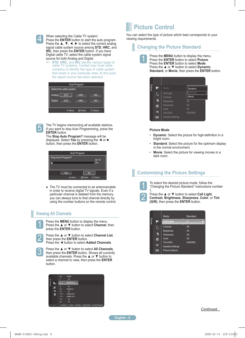 Picture control, Viewing all channels, Changing the picture standard | Customizing the picture settings, Continued | Samsung PN58A550S1FXZA User Manual | Page 9 / 12