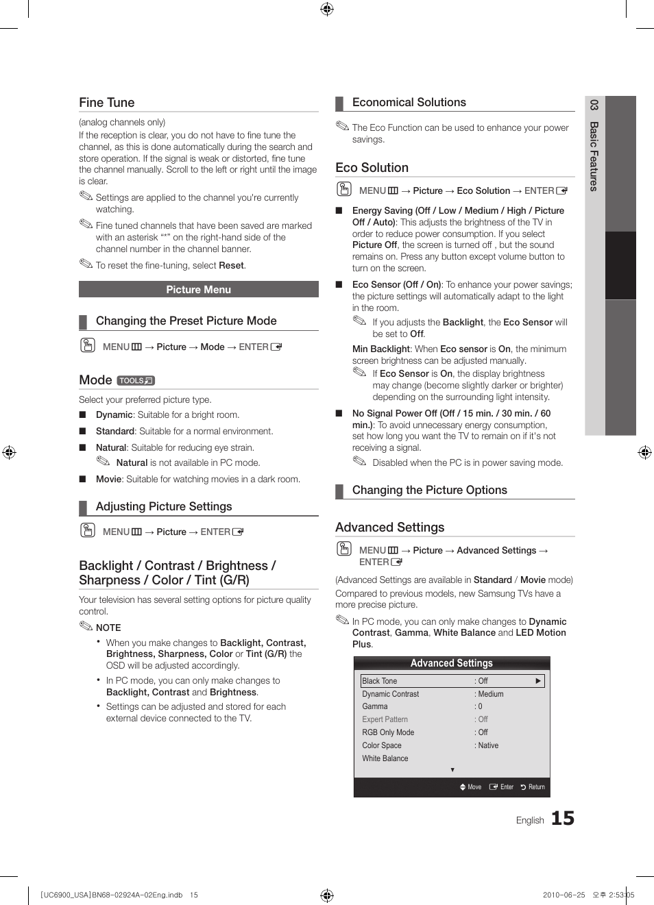 Picture menu | Samsung UN46C6900VFXZA User Manual | Page 15 / 60