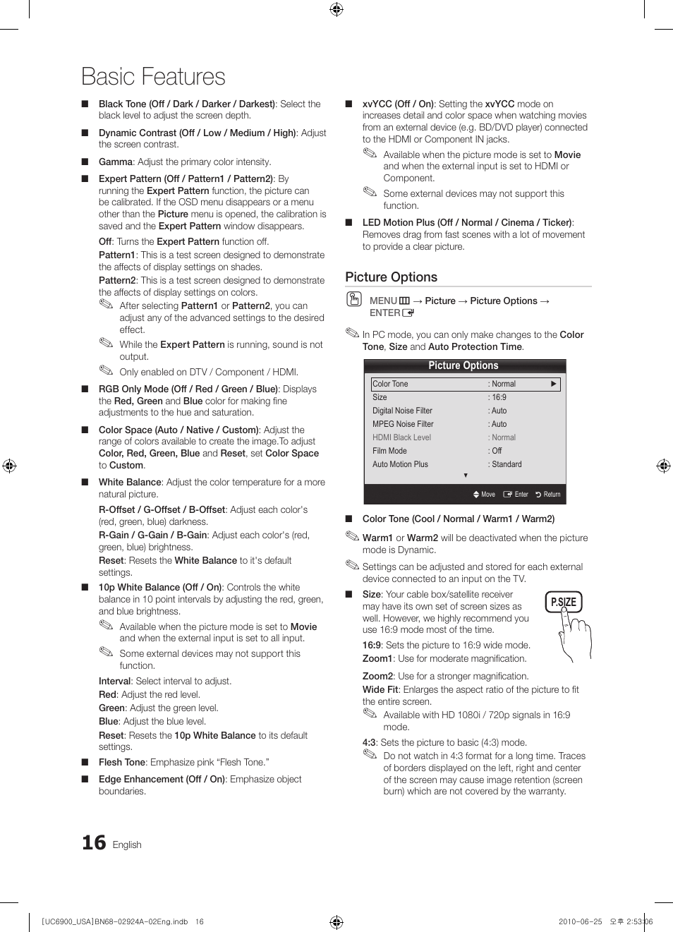 Basic features, Picture options | Samsung UN46C6900VFXZA User Manual | Page 16 / 60