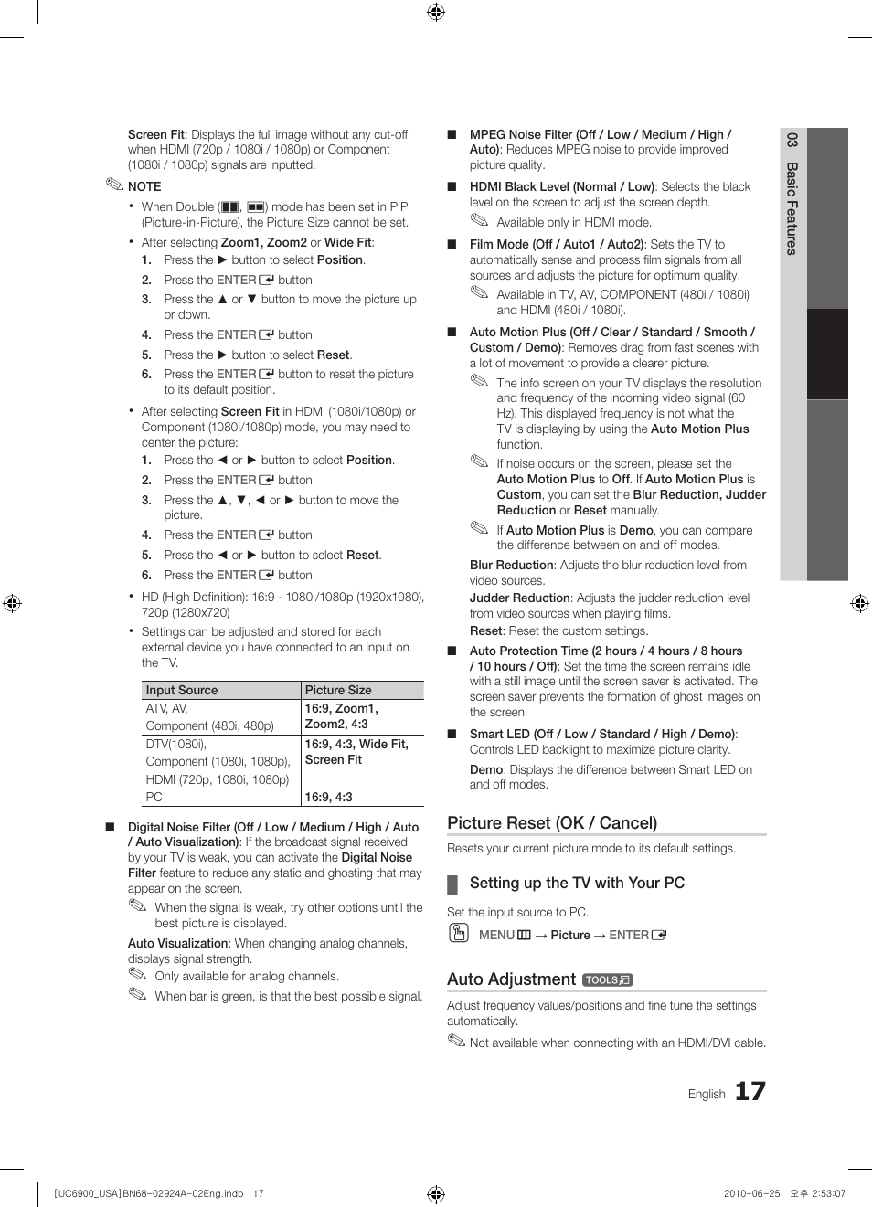 Picture reset (ok / cancel), Auto adjustment | Samsung UN46C6900VFXZA User Manual | Page 17 / 60