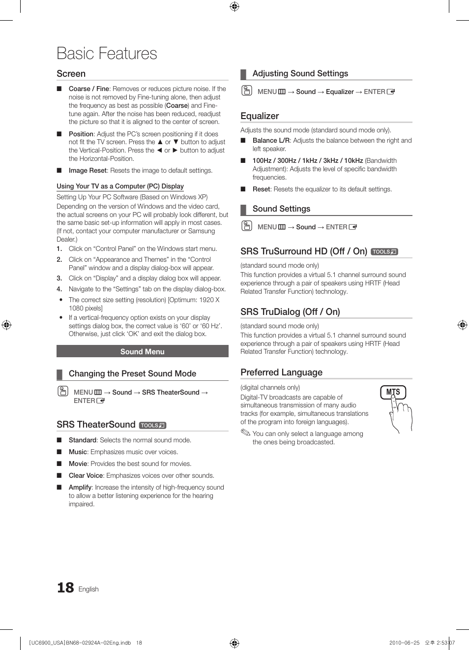 Sound menu, Basic features, Screen | Srs theatersound, Equalizer, Srs trusurround hd (off / on), Srs trudialog (off / on), Preferred language | Samsung UN46C6900VFXZA User Manual | Page 18 / 60