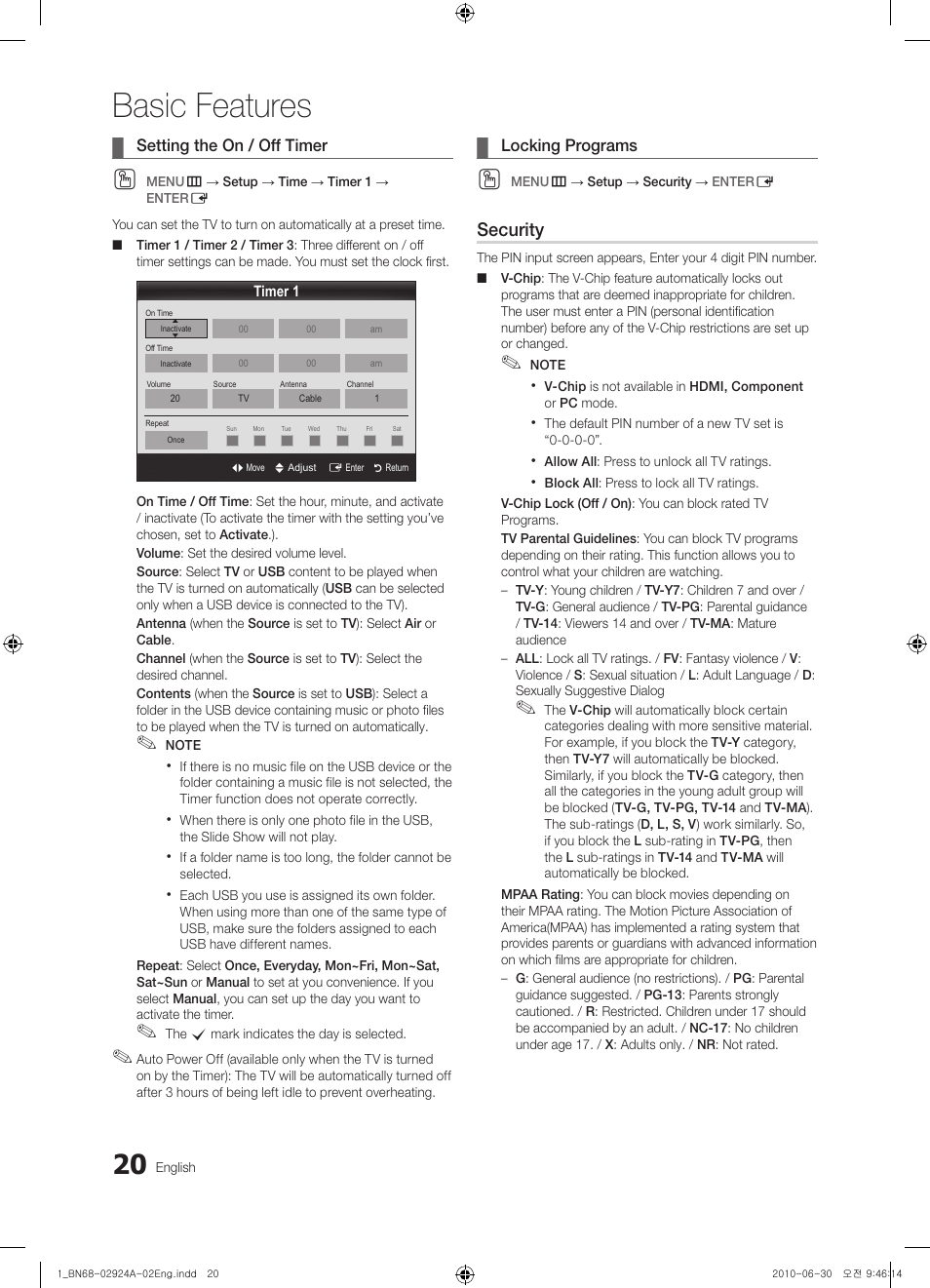 Basic features, Security | Samsung UN46C6900VFXZA User Manual | Page 20 / 60