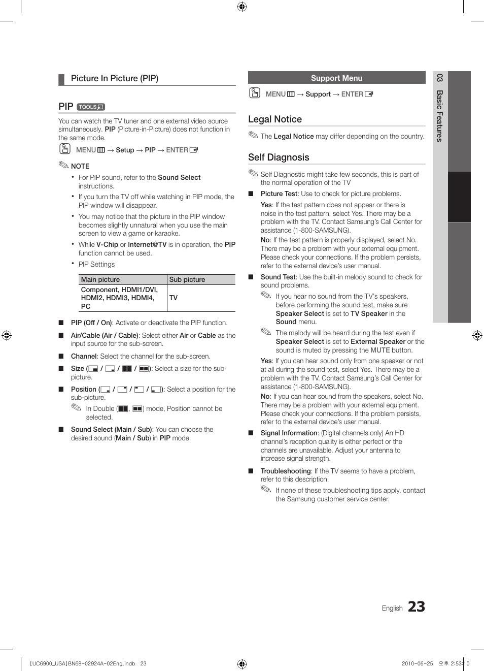 Support menu | Samsung UN46C6900VFXZA User Manual | Page 23 / 60