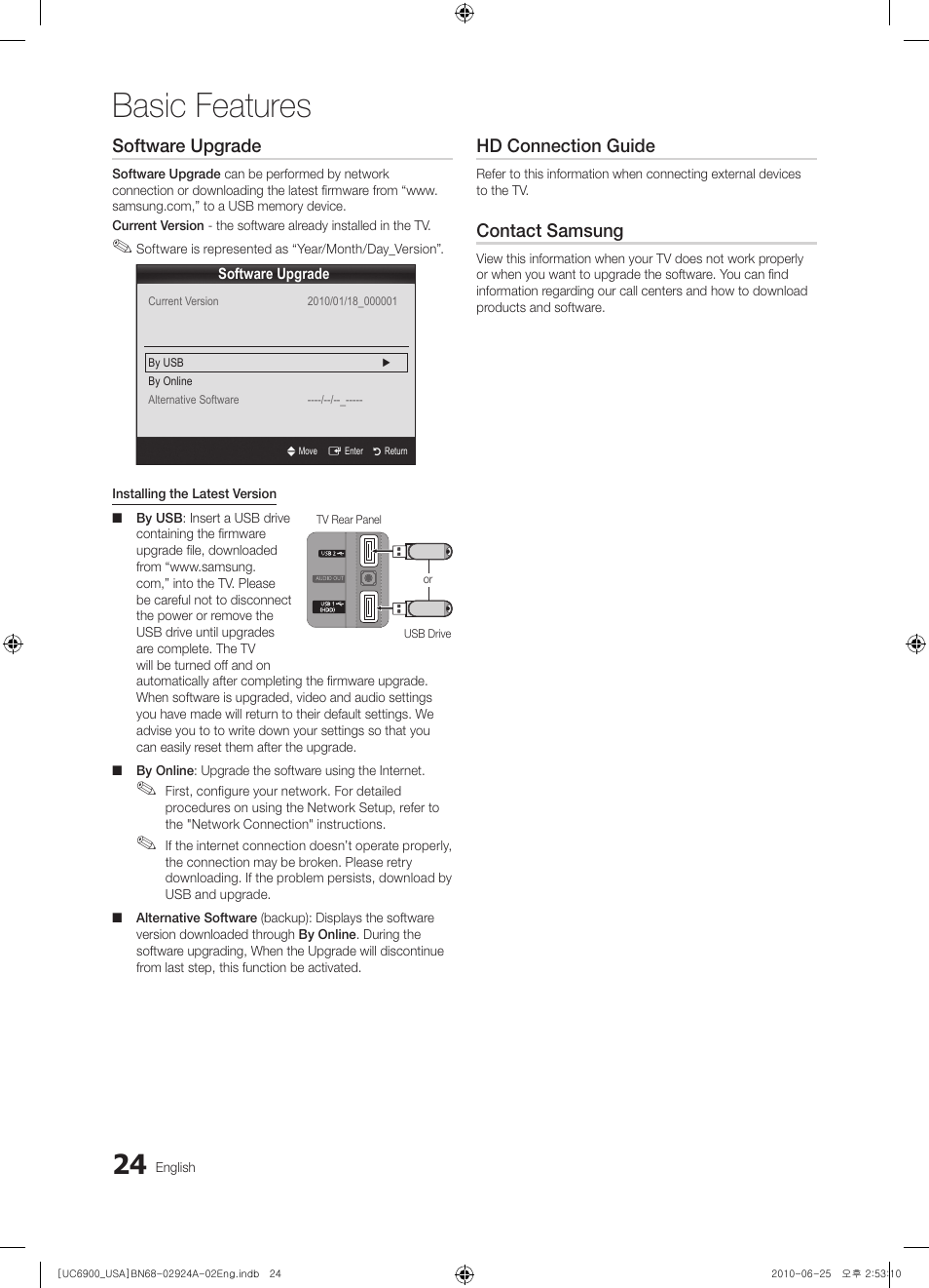 Basic features, Software upgrade, Hd connection guide | Contact samsung | Samsung UN46C6900VFXZA User Manual | Page 24 / 60