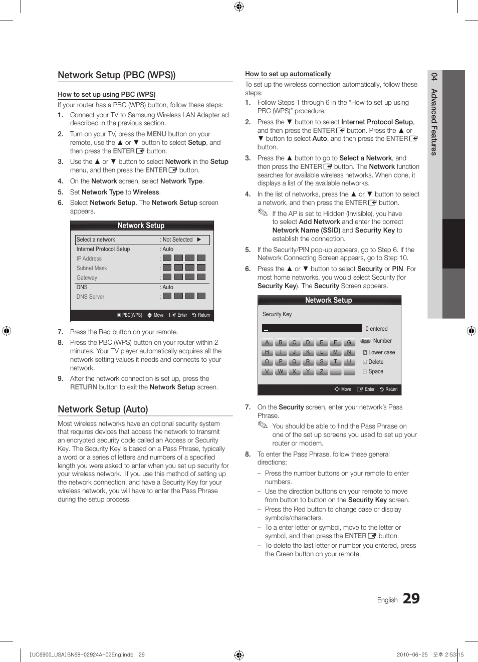 Network setup (pbc (wps)), Network setup (auto) | Samsung UN46C6900VFXZA User Manual | Page 29 / 60