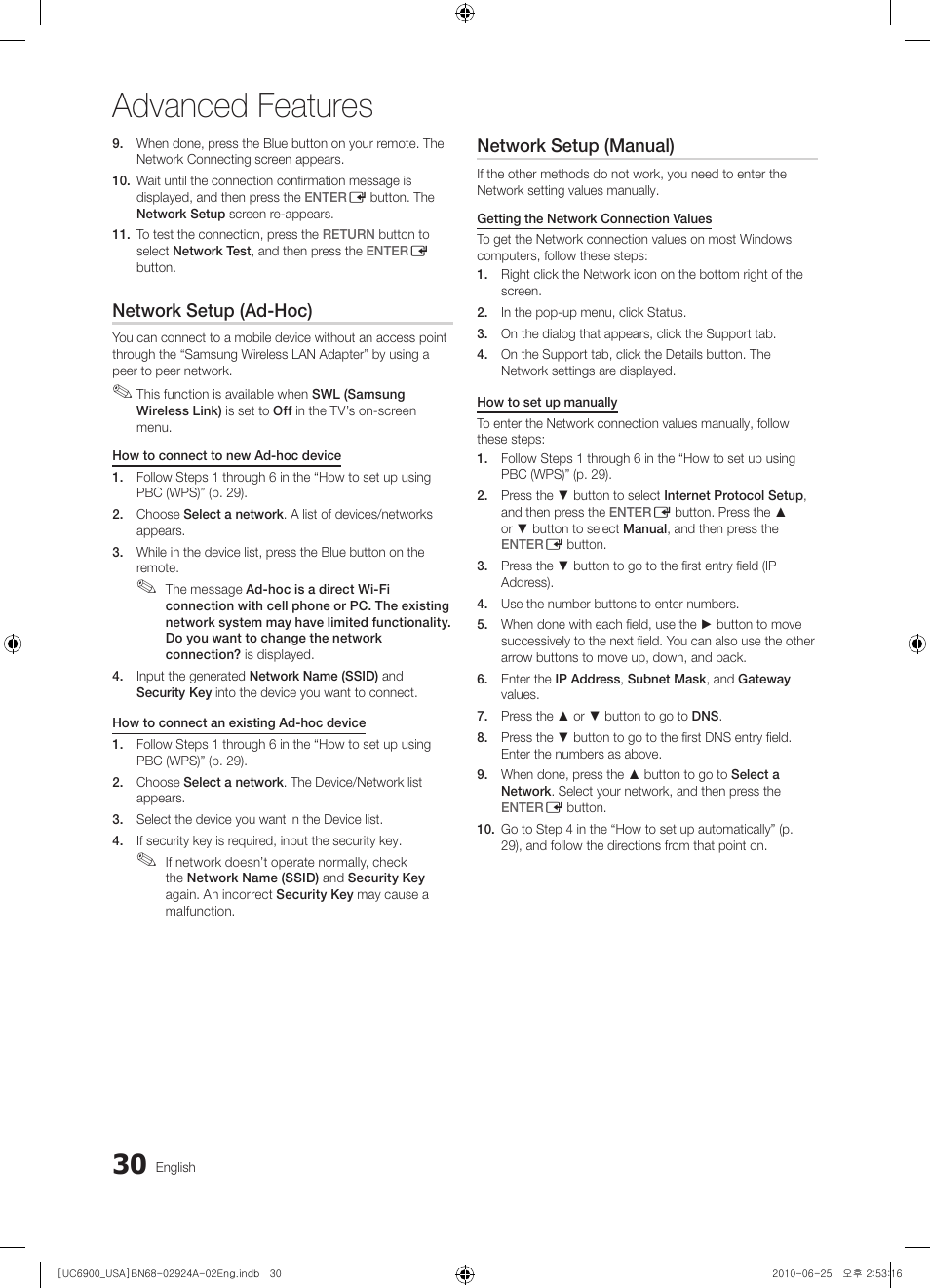 Advanced features, Network setup (ad-hoc), Network setup (manual) | Samsung UN46C6900VFXZA User Manual | Page 30 / 60
