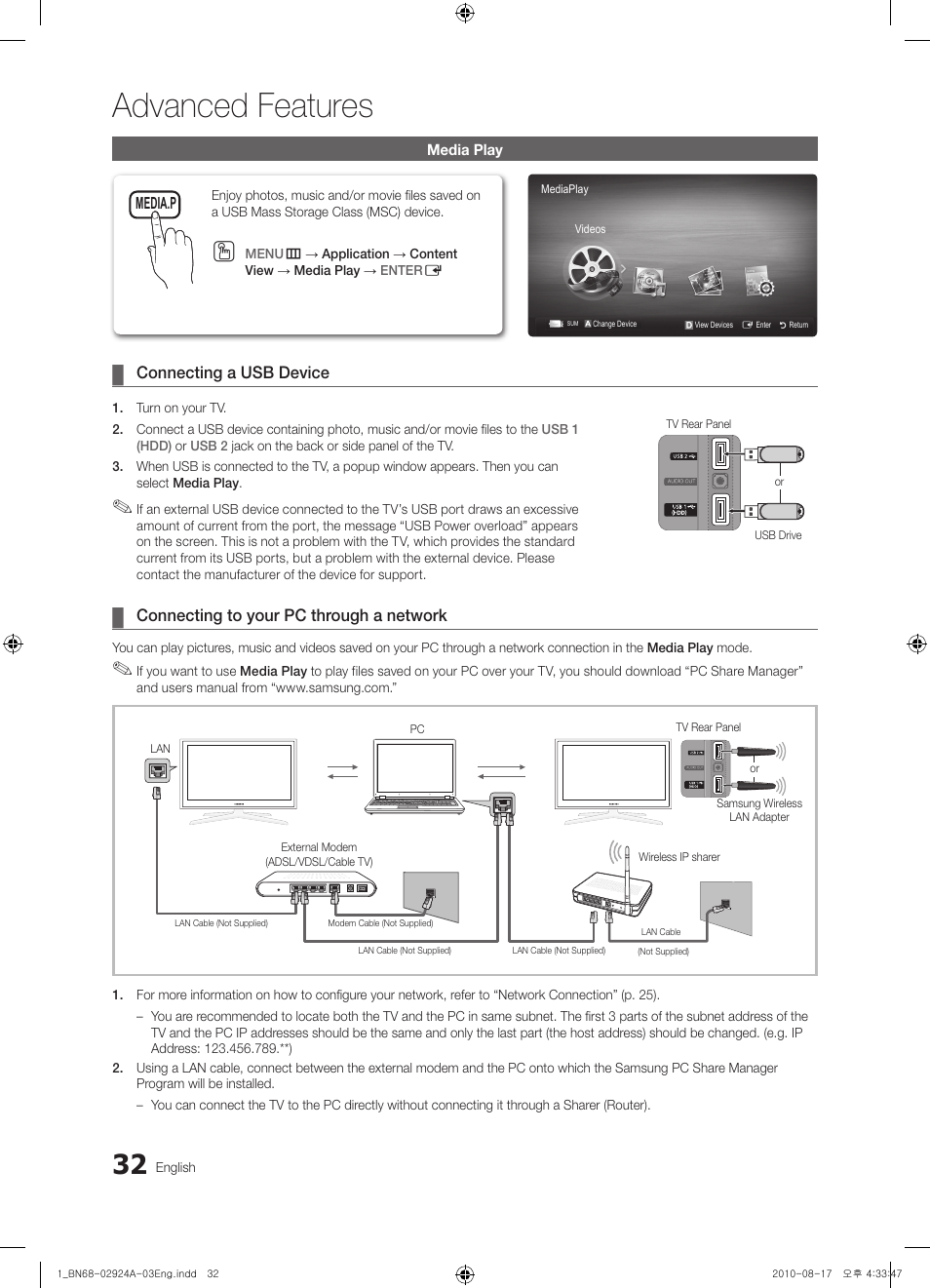 Media play, Advanced features | Samsung UN46C6900VFXZA User Manual | Page 32 / 60