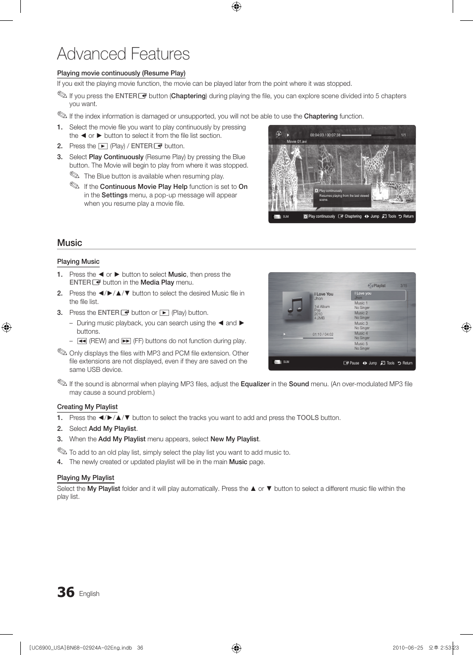 Advanced features, Music | Samsung UN46C6900VFXZA User Manual | Page 36 / 60