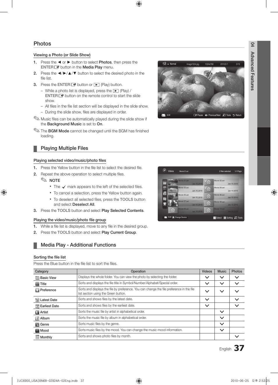 Photos, Playing multiple files, Media play - additional functions | Samsung UN46C6900VFXZA User Manual | Page 37 / 60