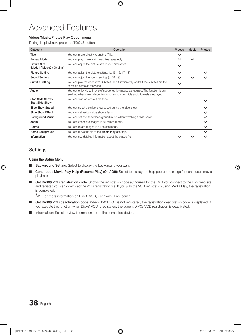 Advanced features, Settings | Samsung UN46C6900VFXZA User Manual | Page 38 / 60