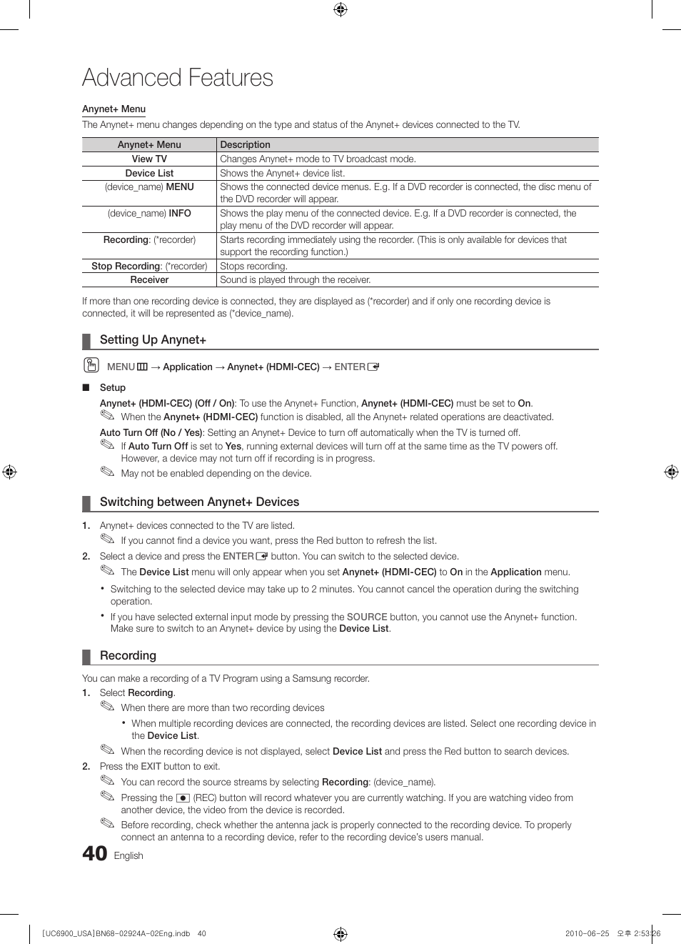 Advanced features | Samsung UN46C6900VFXZA User Manual | Page 40 / 60