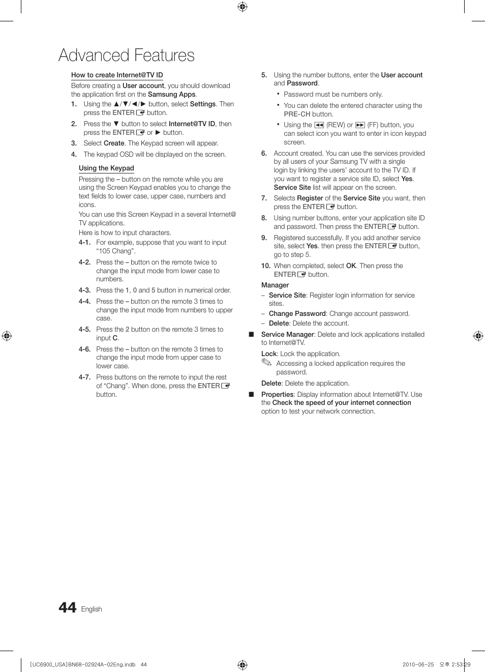 Advanced features | Samsung UN46C6900VFXZA User Manual | Page 44 / 60