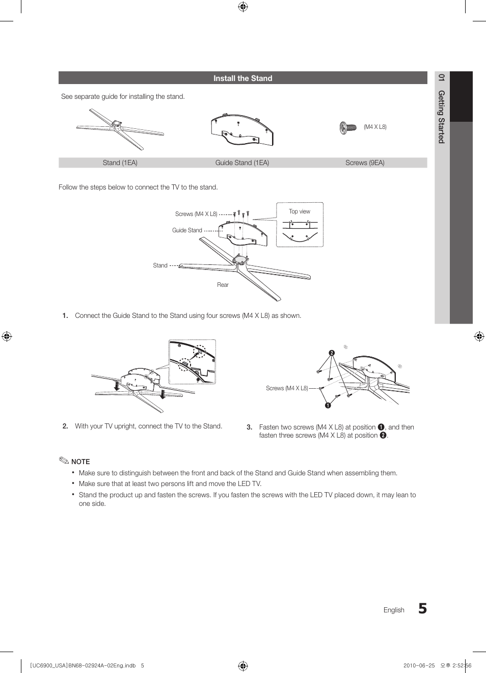 Install the stand, 01 getting started | Samsung UN46C6900VFXZA User Manual | Page 5 / 60