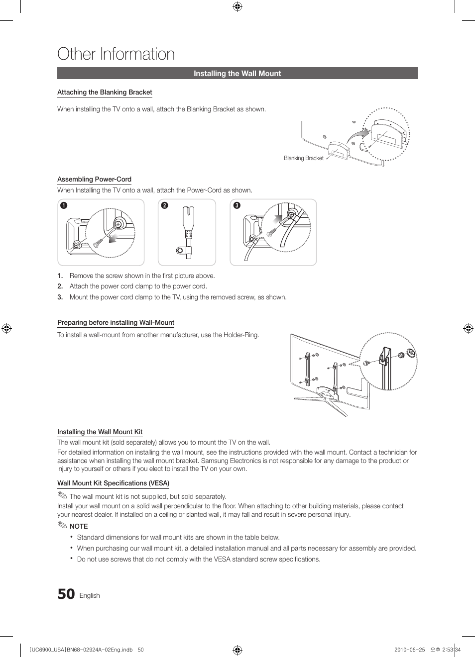 Installing the wall mount, Other information | Samsung UN46C6900VFXZA User Manual | Page 50 / 60