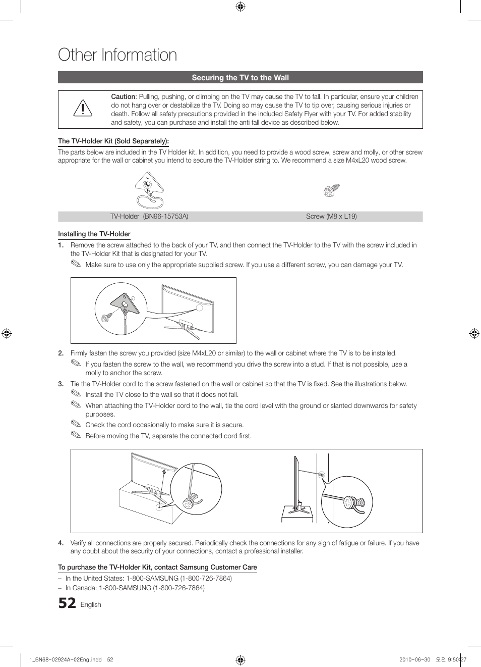 Securing the tv to the wall, Other information | Samsung UN46C6900VFXZA User Manual | Page 52 / 60