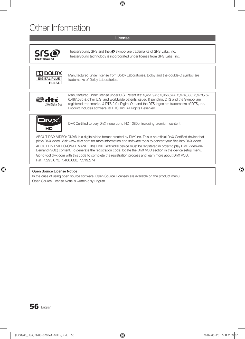 License, Other information | Samsung UN46C6900VFXZA User Manual | Page 56 / 60