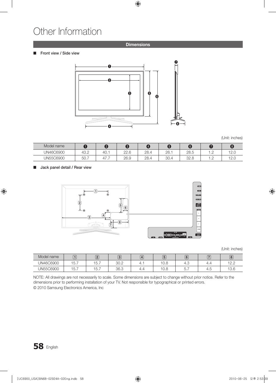 Dimensions, Other information | Samsung UN46C6900VFXZA User Manual | Page 58 / 60