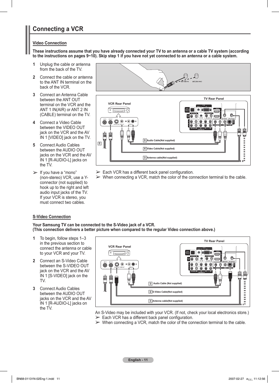 Connecting a vcr | Samsung HPT4264X-XAA User Manual | Page 11 / 82