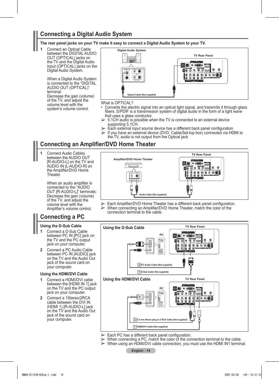 Connecting a digital audio system, Connecting an amplifier/dvd home theater, Connecting a pc | Samsung HPT4264X-XAA User Manual | Page 14 / 82