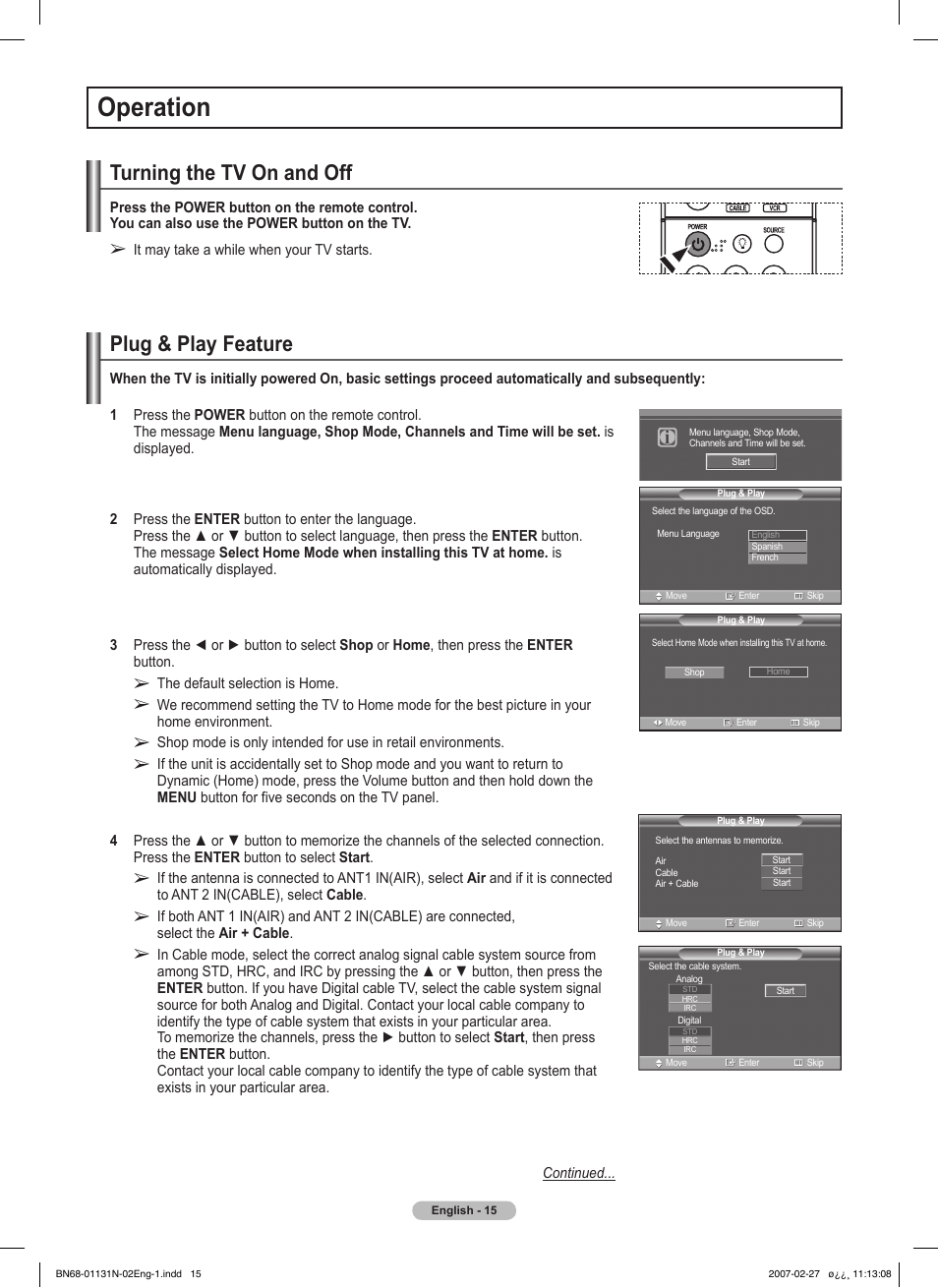 Operation, Turning the tv on and off, Plug & play feature | Samsung HPT4264X-XAA User Manual | Page 15 / 82
