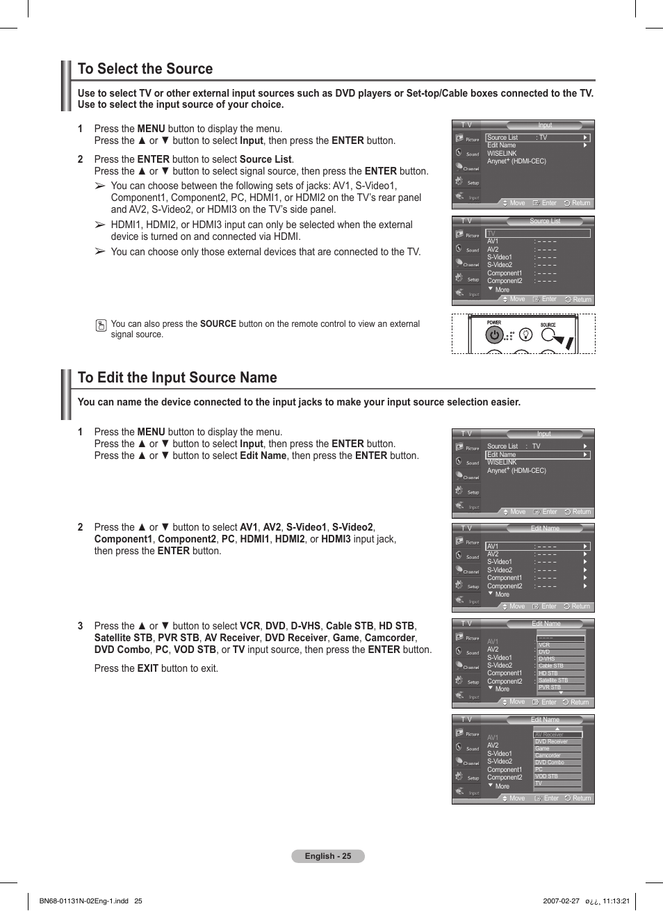 To select the source, To edit the input source name | Samsung HPT4264X-XAA User Manual | Page 25 / 82