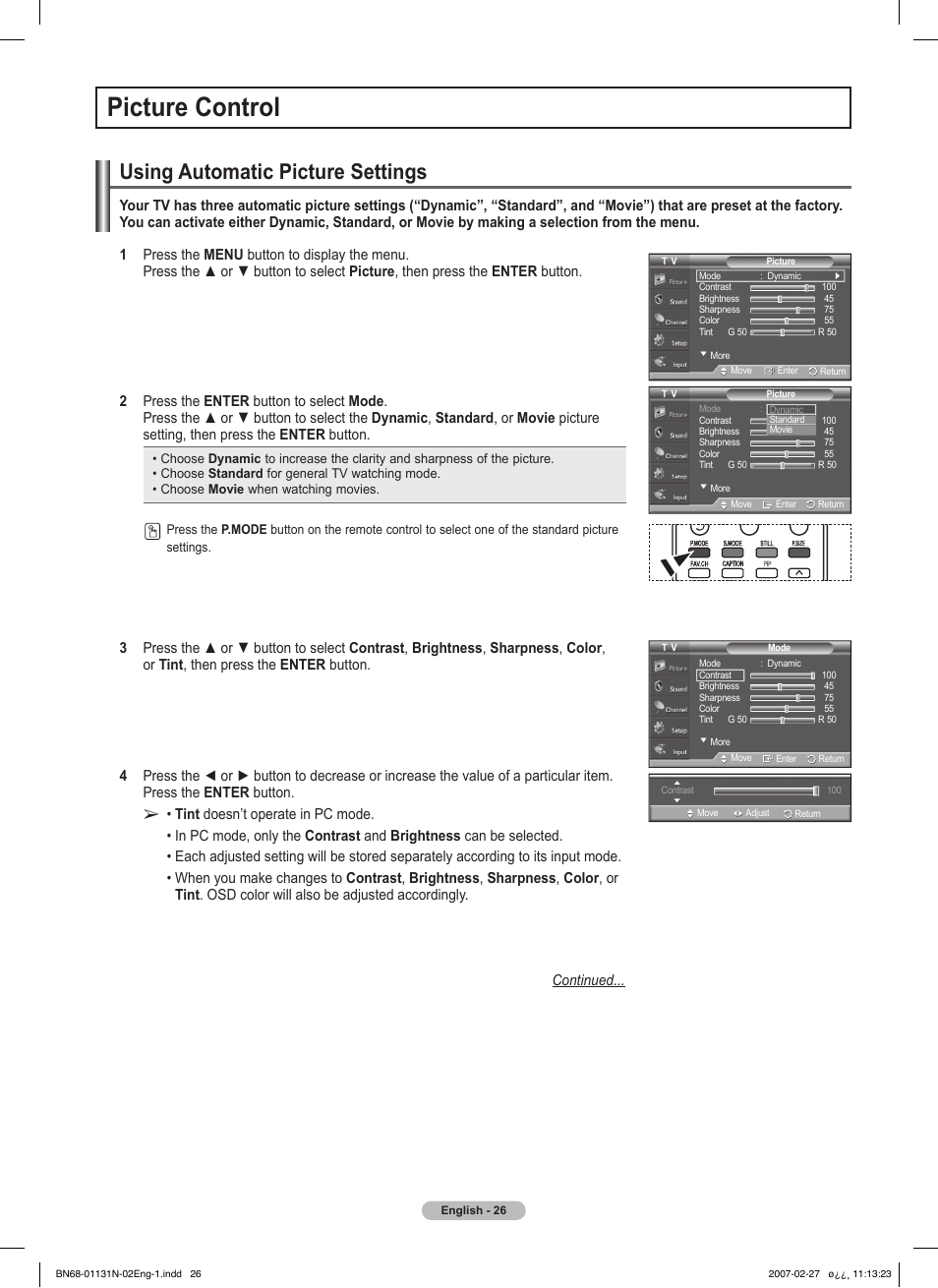 Picture control, Using automatic picture settings | Samsung HPT4264X-XAA User Manual | Page 26 / 82